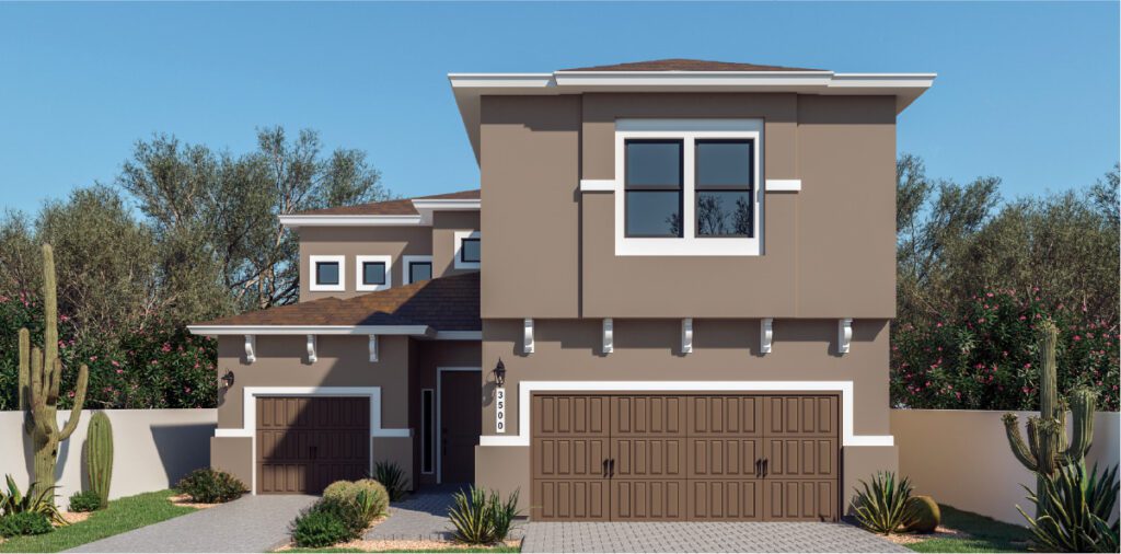 Zia Homes. The arum is 3500 square feet, 2 level, 6 bedrooms, and 4.5 bathrooms, with 2 garages.