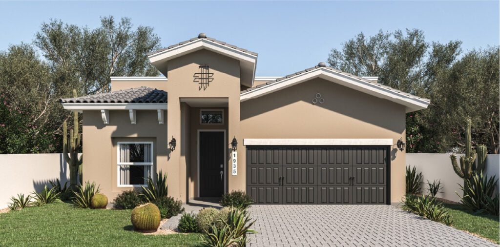 Zia Homes. The calico is 1935 square feet, 1 level, 4 bedrooms, and 3 bathrooms, with 2 garages.