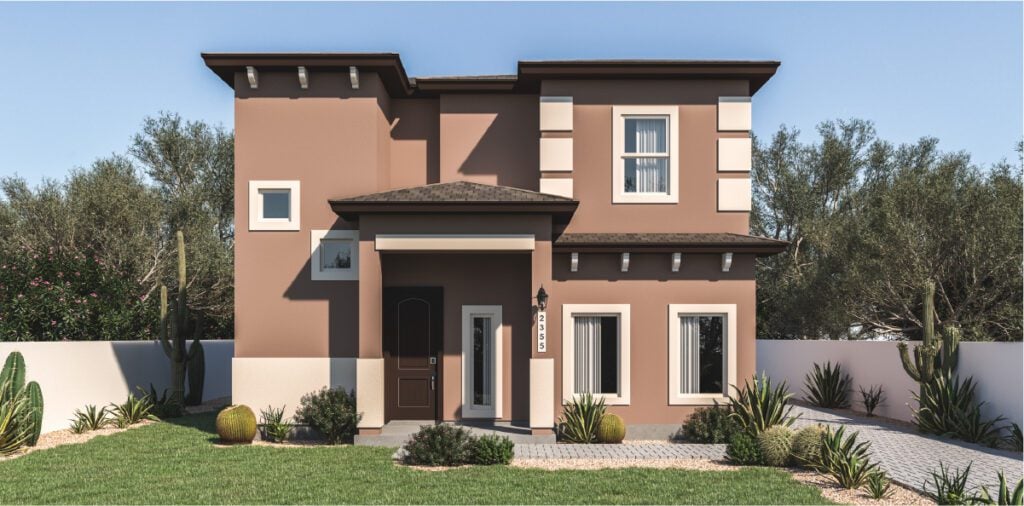 Zia Homes. The mazatlan is 2355 square feet, 1 level, 4 bedrooms, and 3 bathrooms, with 2 garages.