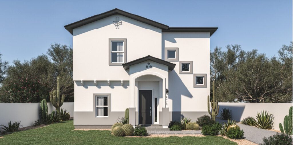 Zia Homes. The playa is 1975 square feet, 2 level, 5 bedrooms, and 3 bathrooms, with 2 garages.
