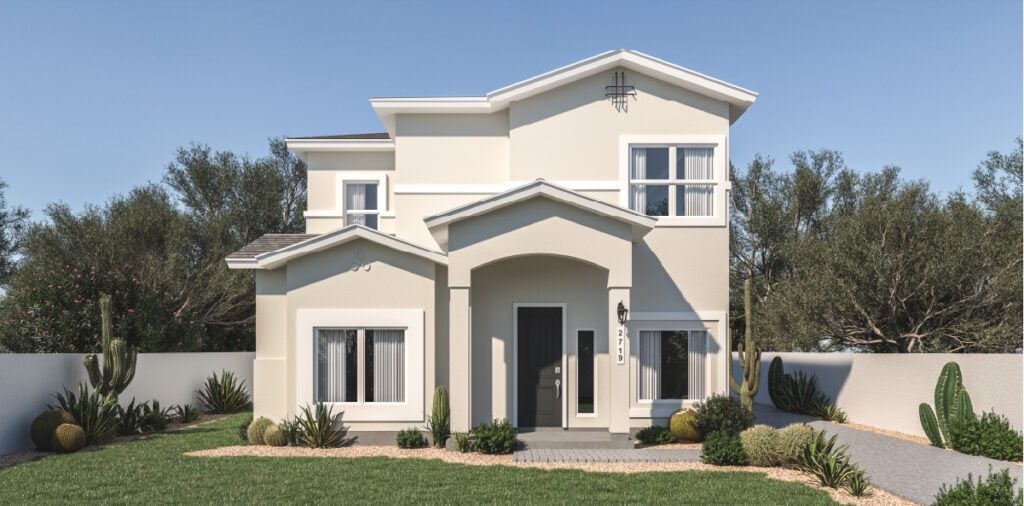 Zia Homes. The riviera is 1975 square feet, 2 level, 5 bedrooms, and 3 bathrooms, with 2 garages.