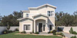 Zia Homes. The riviera is 1975 square feet, 2 level, 5 bedrooms, and 3 bathrooms, with 2 garages.