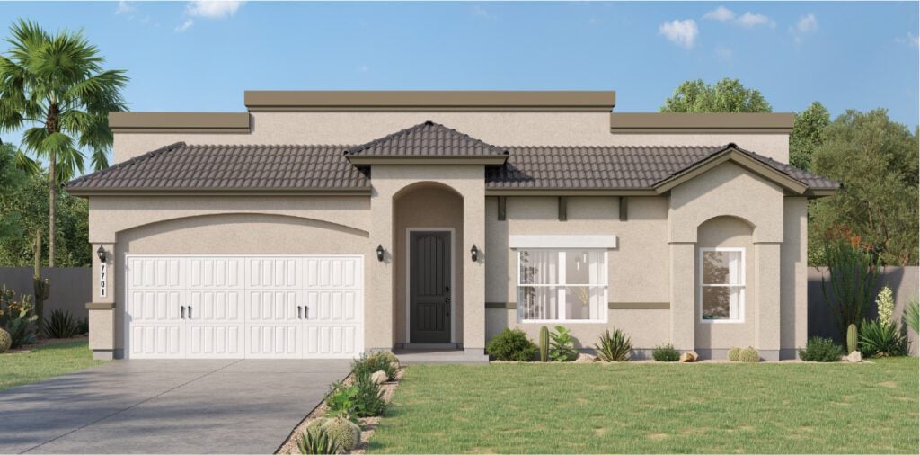 Zia Homes. The velvet is 2660 square feet, 1 level, 5 bedrooms, and 3.5 bathrooms, with 2 garages.