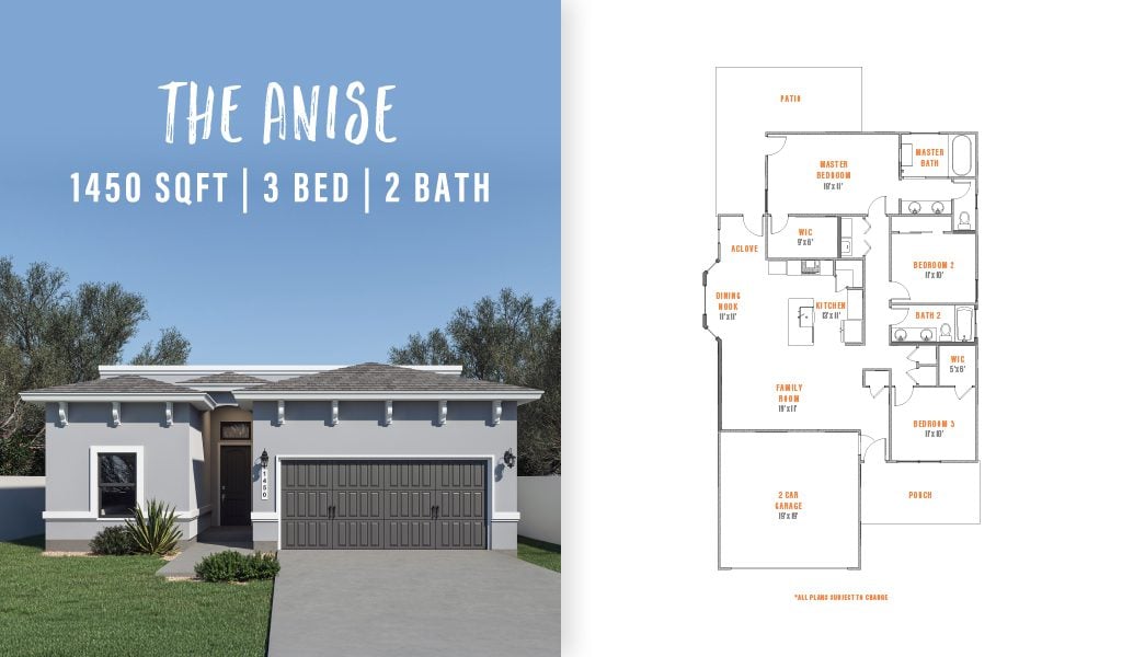 The Anise: Exterior and floor plan of The Anise by Zia Homes, a 1,450 sq. ft. single-story home featuring 3 bedrooms, 2 bathrooms, and a 2-car garage.