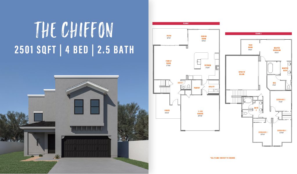 Front elevation and floor plan of The Chiffon by Zia Homes, a 2,501 sq. ft. two-story home with 4 bedrooms and 2.5 bathrooms, featuring a tech room and open-to-below living space.