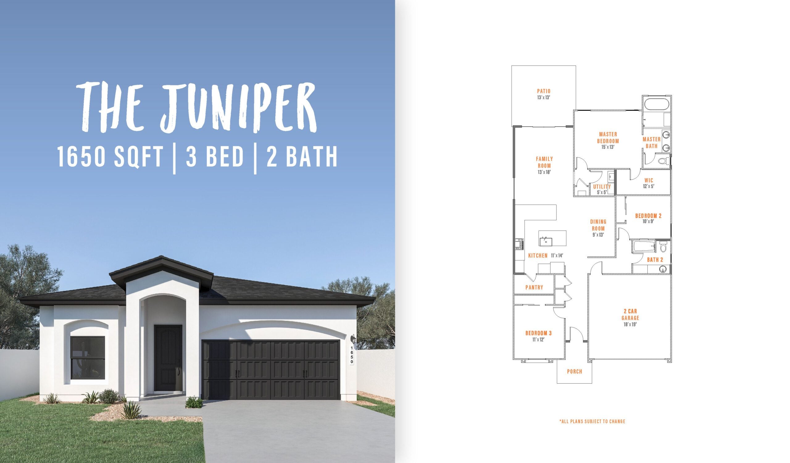 Front exterior and floorplan of The Juniper by Zia Homes, a 1,650 sq. ft. home featuring 3 bedrooms and 2 bathrooms.
