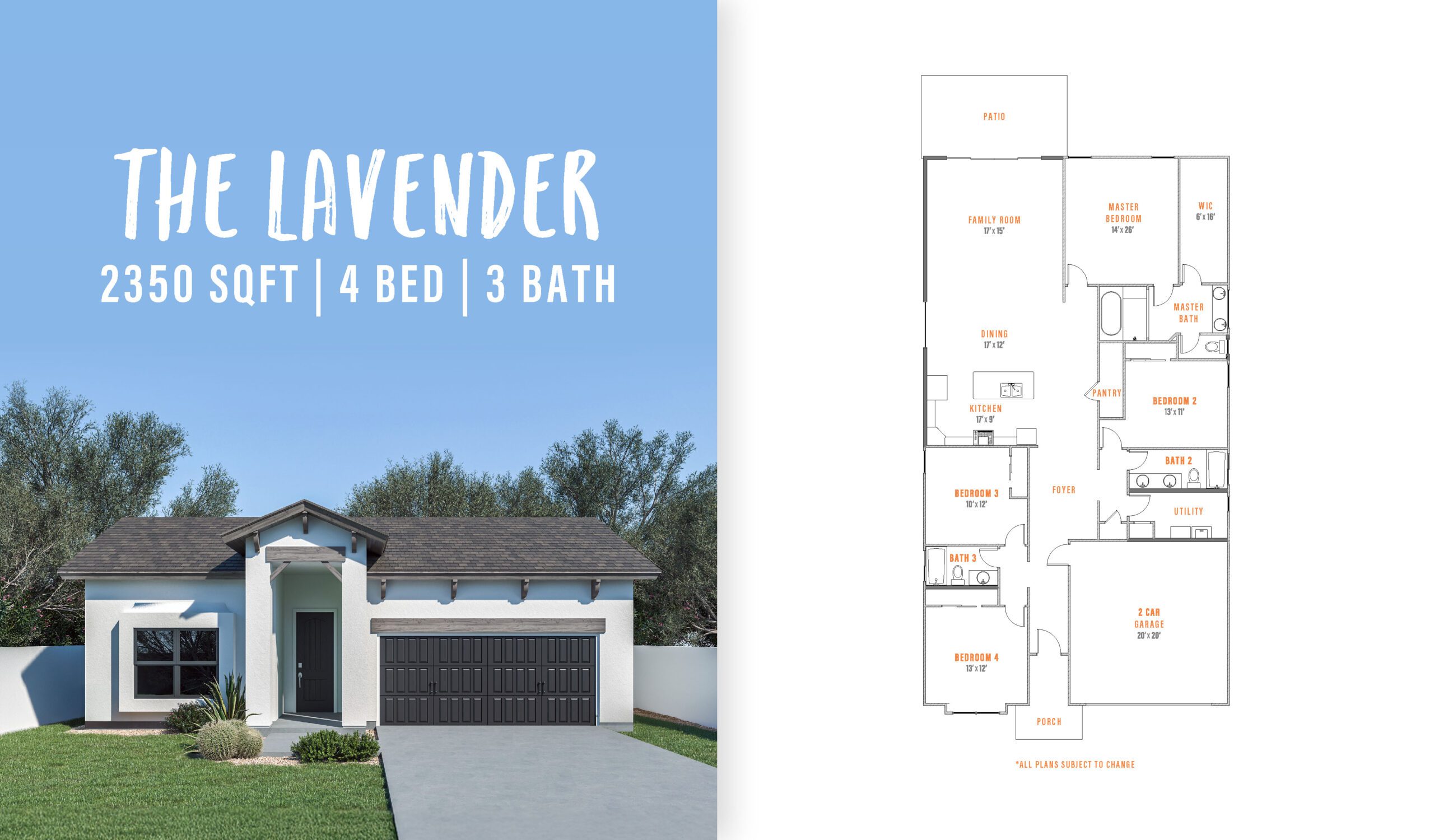 Front view and floorplan of The Lavender by Zia Homes, a 2,350 sq. ft. home with 4 bedrooms and 3 bathrooms.