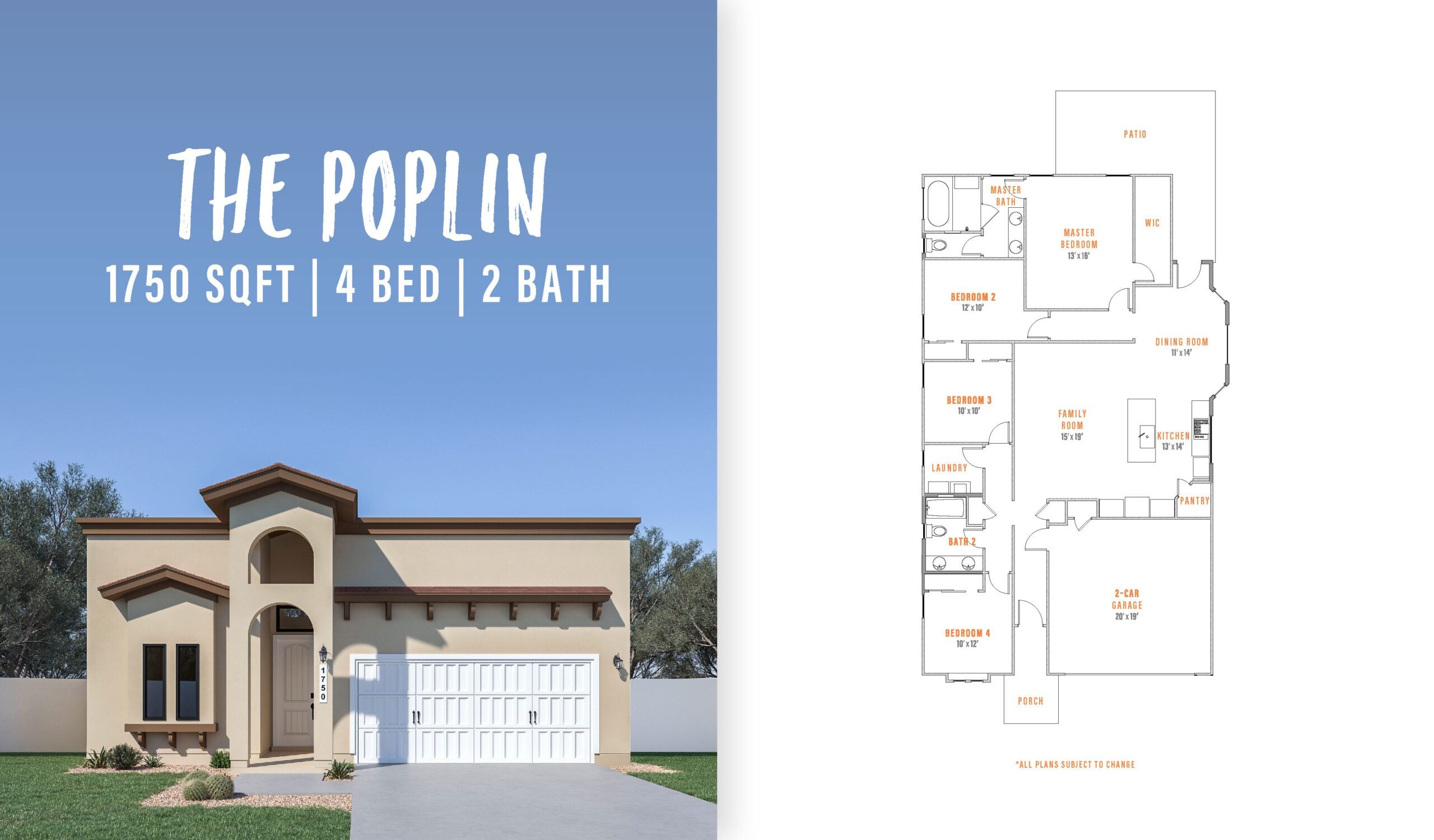 Front exterior and floorplan of The Poplin by Zia Homes, a 4-bedroom, 2-bathroom home with 1,750 square feet of living space.