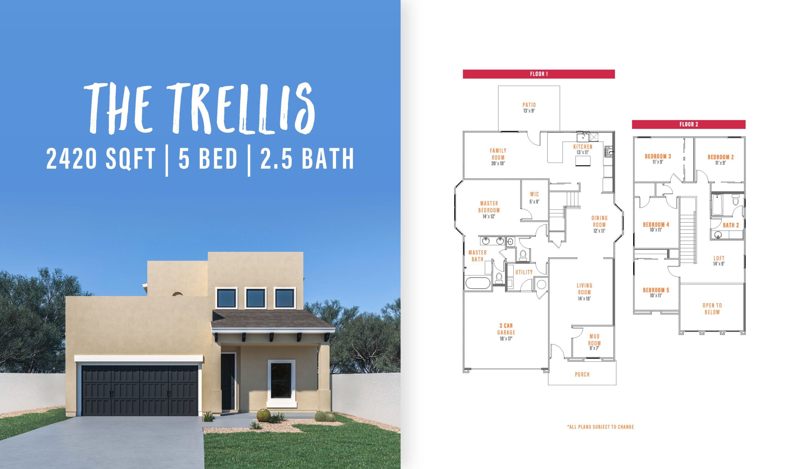 Front exterior and floorplan of The Trellis by Zia Homes, a 5-bedroom, 2.5-bathroom home with 2,420 square feet of living space.
