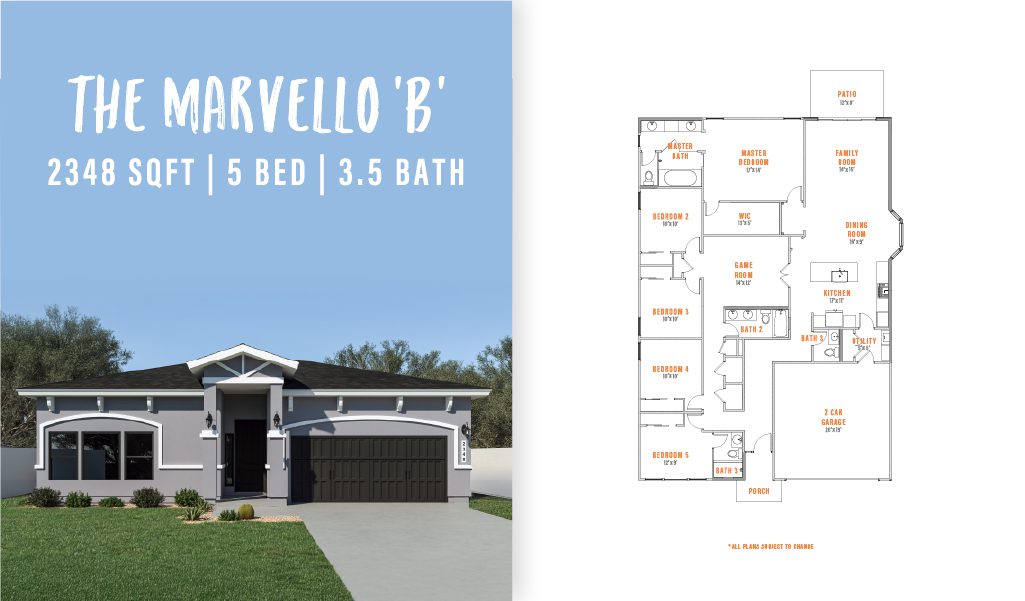 Exterior and floorplan of The Marvello by Zia Homes, a 2,348 square foot single-story home with 5 bedrooms and 3.5 bathrooms.