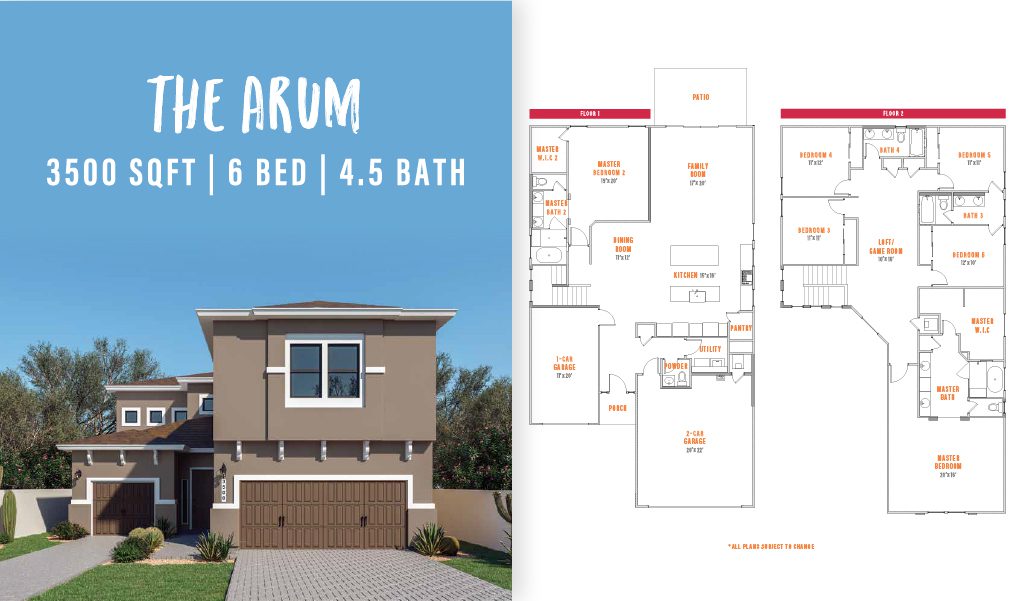 Exterior and floor plan of The Arum by Zia Homes, a 3,500 sq. ft. two-story home with 6 bedrooms, 4.5 bathrooms, a loft/game room, and two garages.