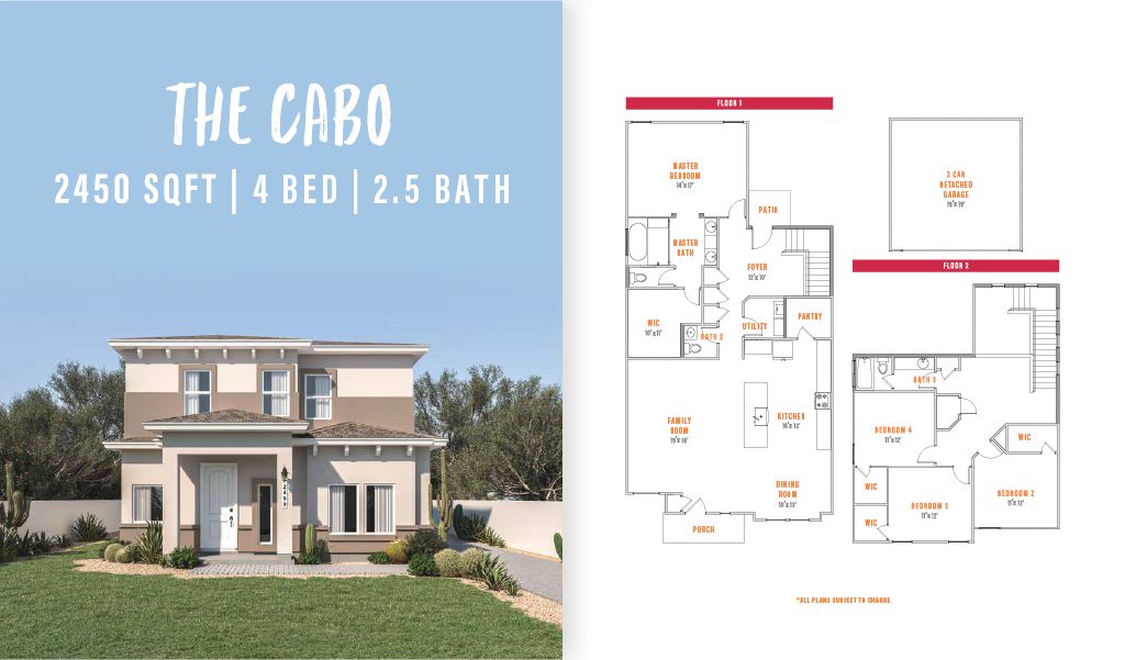 Exterior and floor plan of The Cabo by Zia Homes, a 2,450 sq. ft. two-story home with 4 bedrooms, 2.5 bathrooms, and a detached extended 2-car garage.
