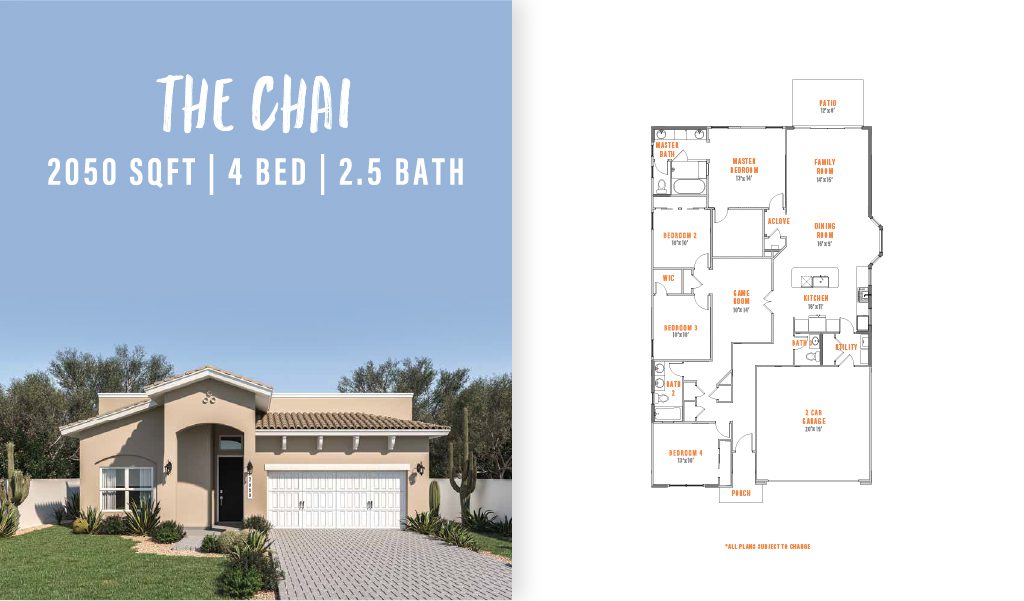 Front view and floor plan of The Chai by Zia Homes, a 2,050 sq. ft. single-story home with 4 bedrooms and 2.5 bathrooms, featuring a central family room and open dining/kitchen layout.