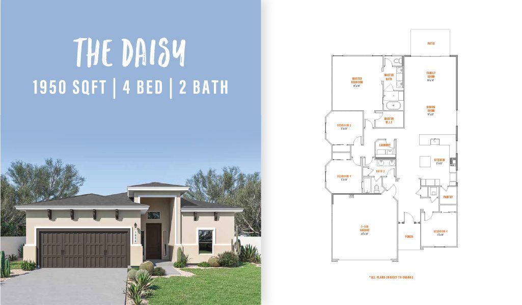 Exterior and interior layout of The Daisy by Zia Homes, a 1,950 sq. ft. single-story home with 4 bedrooms, 2 bathrooms, open kitchen, and spacious backyard patio.