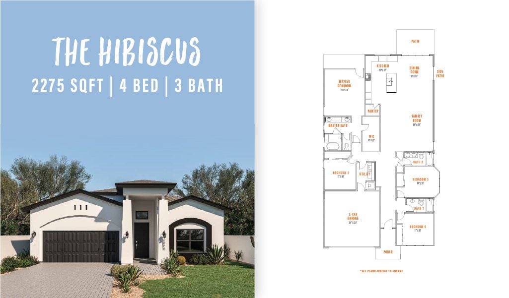 Exterior view and floorplan of The Hibiscus by Zia Homes, a 2,275 sq. ft. home featuring 4 bedrooms and 3 bathrooms with open-concept living and split-bedroom layout.
