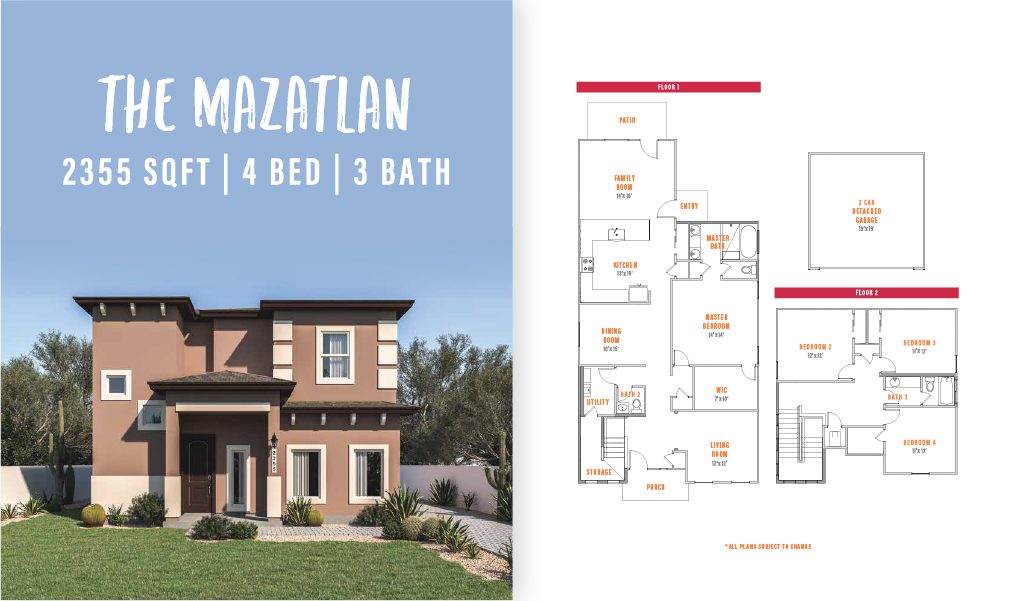 Exterior and floorplan of The Mazatlan by Zia Homes, a two-story 4-bedroom, 3-bathroom home with 2,355 square feet of living space.