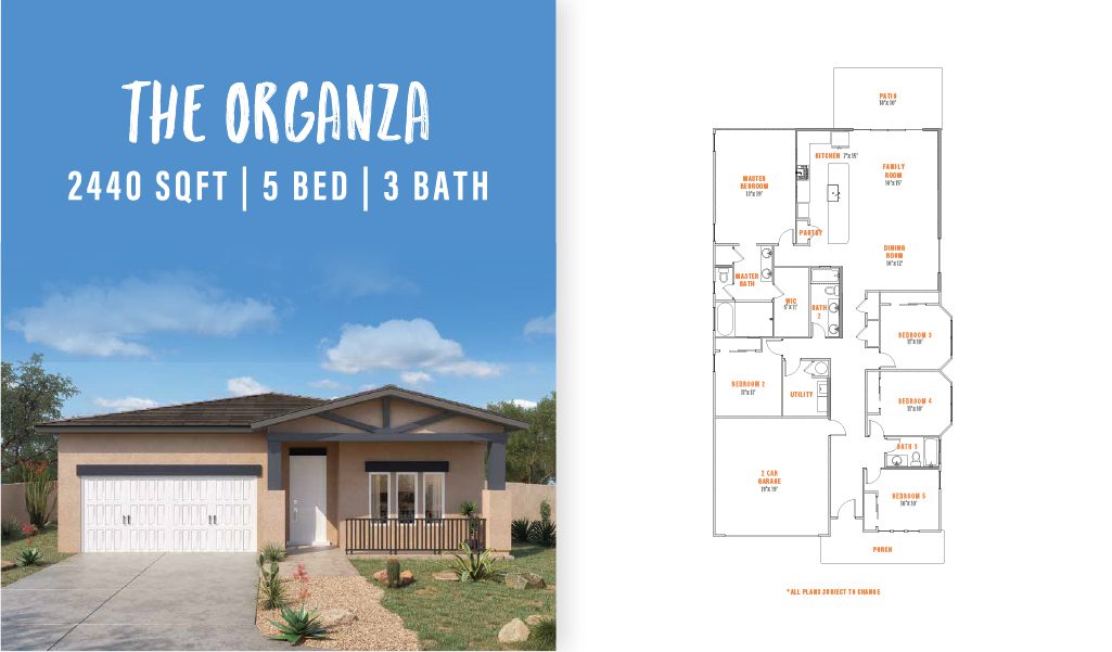 Front exterior and floorplan of The Organza by Zia Homes, a 5-bedroom, 3-bathroom home with 2,440 square feet of living space.
