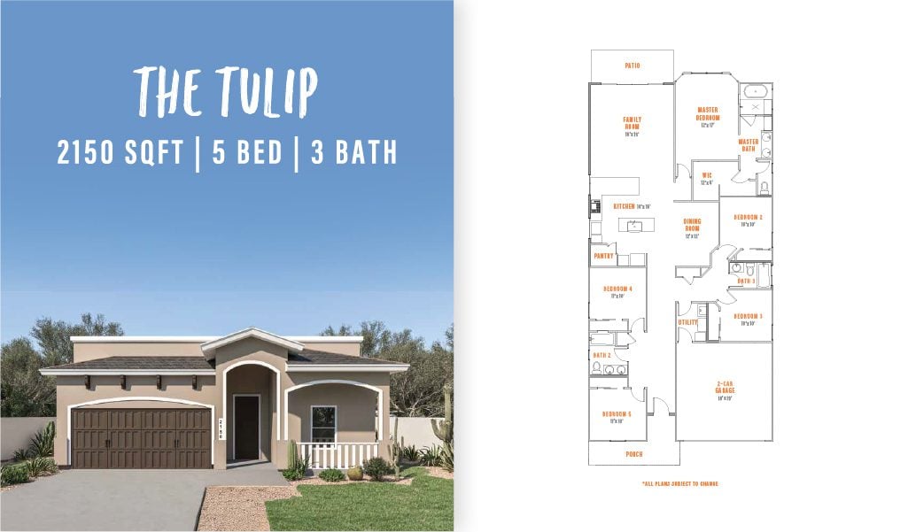 Front exterior and floorplan of The Tulip by Zia Homes, a 5-bedroom, 3-bathroom home with 2,150 square feet of living space.