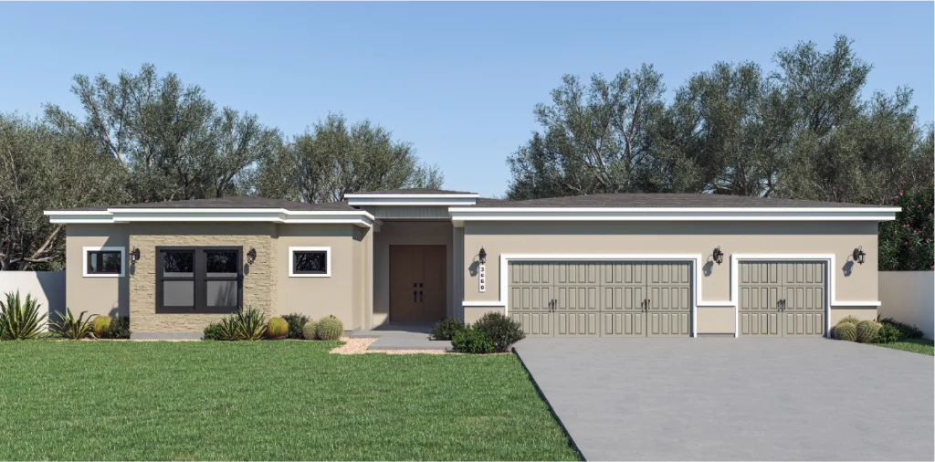The Sunflower is 3660 square feet, 1 level, 5 bedrooms, and 3.5 bathrooms, with 3 garages.