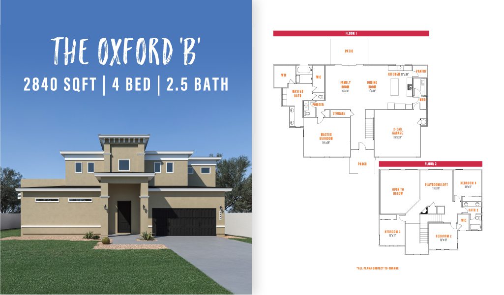Front exterior and floorplan of The Oxford by Zia Homes, a 4-bedroom, 2.5-bathroom home with 2,840 square feet of living space.