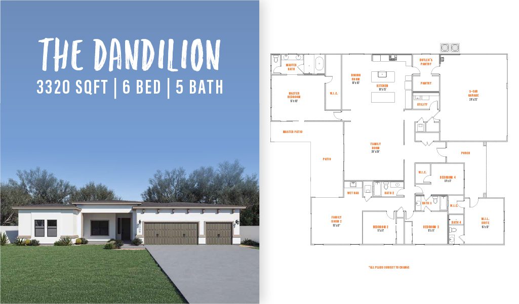 Dandilion 3,320 sqft, 6 bed, 5 bath, 1 floor, 3 car garage